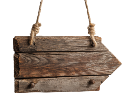 Rustic wooden sign with directional arrow for creative projects on a transparent background, cut out
