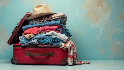 Overstuffed suitcase overflowing with clothes and travel items ready for a trip , explorer, holiday, flight