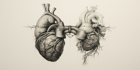 Połączone serca, anatomiczny rysunek ołówkiem