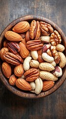 A beautifully arranged bowl of mixed nuts including almonds, pecans, walnuts, and peanuts, perfect for healthy snacking or culinary decoration, enhancing your food presentation.