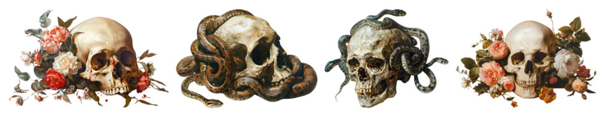 Obraz premium PNG Skulls entwined with nature, element set on transparent background