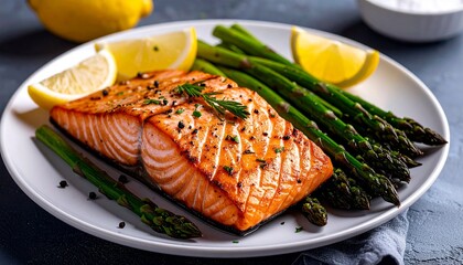 vGrilled salmon fillet with asparagus and lemon wedges, nutritious and balanced diet plate