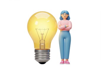 3D Illustration of Cartoon woman standing next to a large light bulb representing an idea isolated on white background