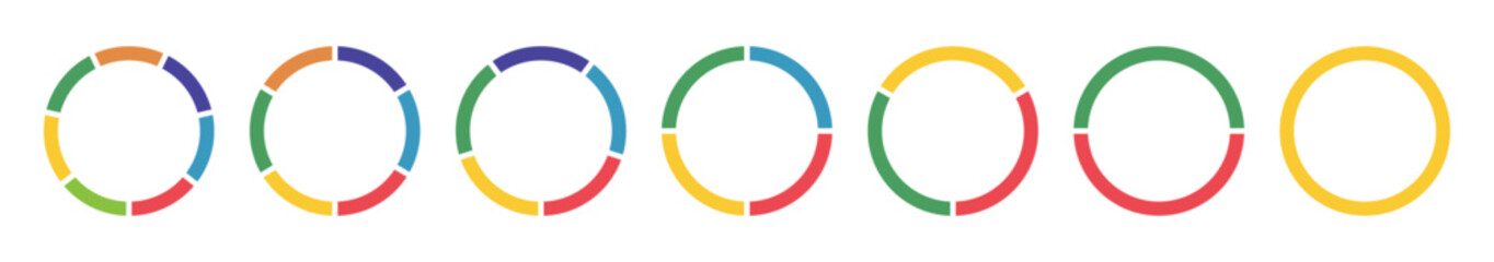 Donut charts, pies segmented on from 1 to 7 equal parts. Wheel divided in sections. Diagram multicoloured infographic. Circle section flat graph. Pizza chart round icons. Simple loading bar.