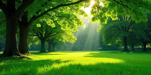 Obraz premium Serene green leaf park scene, lush foliage, vibrant green grass, sunlight dappling through trees, tranquil atmosphere, perfect for relaxation , flora, park, rest