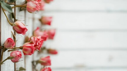 Pink roses elegantly placed on a rustic wooden surface create a serene and romantic atmosphere in natural light