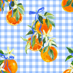 Beautiful vector seamless pattern colorful summer beach vacation in Capri Italy tropical mood summer, ribbon bow, oranges, Vacation seamless pattern on Striped. Design for all prints