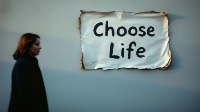A young Caucasian woman with wavy brown hair walks past a large sign that reads 'Choose Life'. The scene emphasizes the message against drug abuse.