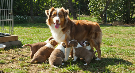Australian shepherd, Dog, Puppy, Australian Shepherd Mother Nursing Her Puppies in a Sunny Garden