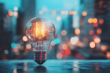 Illuminating creative ideas with a glowing vintage lightbulb etched with intricate blueprints against a blurred city skyline