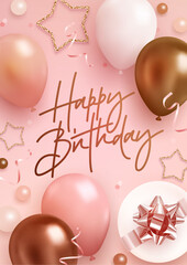Vector birthday elegant greeting card, banner or party invitation with realistic 3d golden, pink and white balloons, gifr box and falling confetti on pink background. Vector illustration