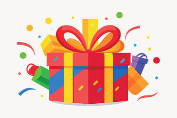 Set of Festive Gift Box, Red Box Wrap and Yellow Ribbon, Closed and Open With Bright Confetti Vector Design.