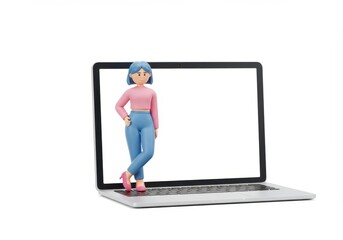 3D Illustration of Cartoon woman standing on a laptop with a blank white screen isolated on white background