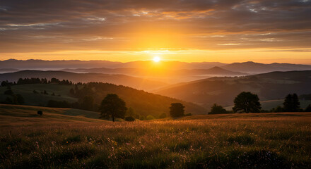 Fototapeta premium Sunrise, Sunset, Golden hour, Golden Sunrise over Rolling Hills