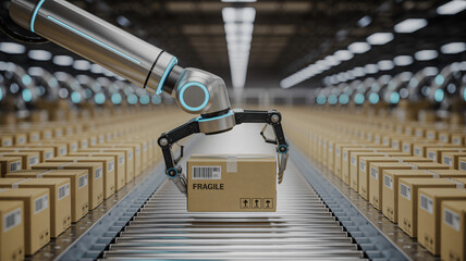 Robotic arm organizing warehouse packages