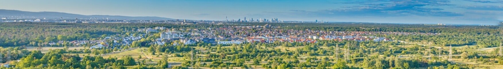 Aerial panorama of Moerfelden-Walldorf and Frankfurt skyline
