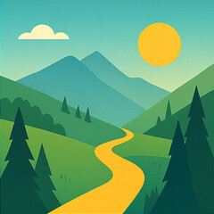 Flat Vector Mountain Landscape with Path and Evergreen Trees