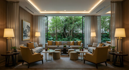 Fototapeta premium Hotel, Lobby, Lounge, Luxurious Hotel Lobby with Garden View