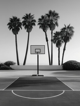 Black and White Outdoor Street Basketball Hoop Court and Ball with Palm Trees on Background on the street