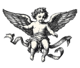 An adorable cherub flying with a ribbon. Woodcut engraving style illustration. Isolated.
