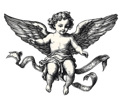 An adorable cherub flying with a ribbon. Woodcut engraving style illustration. Isolated.