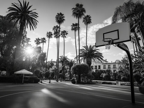 Black and White Outdoor Street Basketball Hoop Court and Ball with Palm Trees on Background on the street