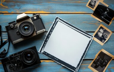 Retro film cameras with a blank photo frame and old photographs on blue wooden background, perfect for photography or nostalgia concept with copy space