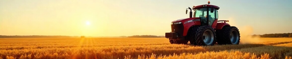 Obraz premium A powerful red tractor sits in a sun-drenched field, ready for harvest Its gleaming metal and strong silhouette convey the power and dependability of farm machinery , heavy machinery, landscaping