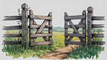 Rural landscape sketch with a wooden gate