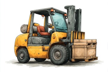 Yellow Forklift Operator Lifting Cargo Boxes