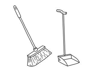 Cleaning brush and dustpan hand drawn illustration in doodle style. Vector line art sketch.