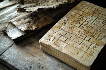 Obraz premium Ancient weathered book with cryptic symbols