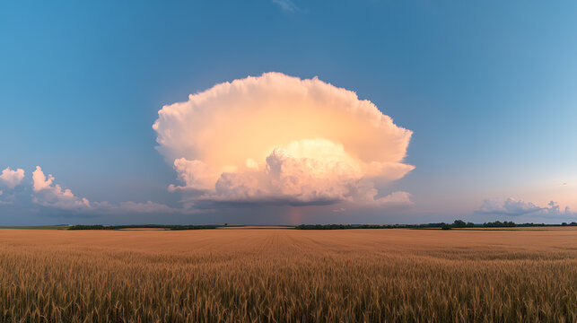Vast wheat field under a dramatic sky with a massive cumulonimbus cloud at sunset, showcasing rural agricultural landscape. Golden hues and rain shaft.