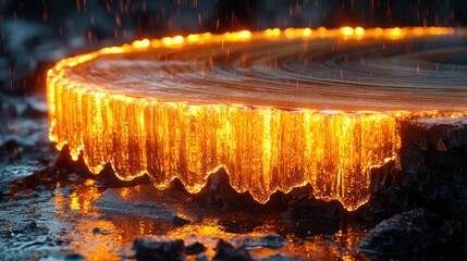 Fiery, glowing ice ring on a dark log