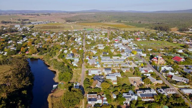 Charming rural town of Stanford in Western Cape South Africa, sunset aerial view