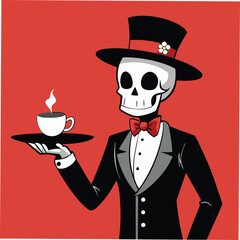Dapper skull butler top hat wearing skeleton servant vector illustration