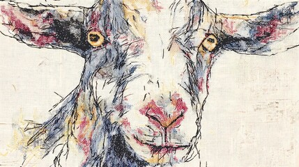 Fototapeta premium Hand-stitched goat embroidery on cloth surface, great for rural-themed visuals, detailed textile art, and handmade illustration content.