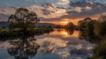 Fototapeta premium A High Resolution image of tranquil sunset over a reflective river scene.