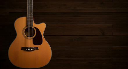 Fototapeta premium Acoustic guitar, Guitar, Musical instrument, Acoustic Guitar on Dark Wood Background
