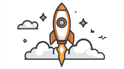 Space rocket flying toward the clouds believable rocket icon Having a successful company concept is a challenge. launching a fresh project start up concept