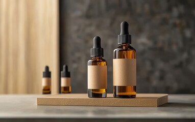 Obraz premium Amber glass bottles of essential oils with blank kraft paper labels, arranged on a minimalist display stand against a neutral background