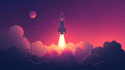 Space rocket flying toward the clouds believable rocket icon Having a successful company concept is a challenge. launching a fresh project start up concept