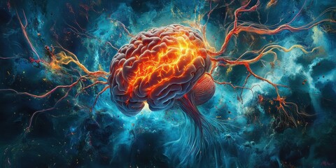 Obraz premium Mózg, neurologia, zapalenie, medycyna, neuronauka, wizualizacja