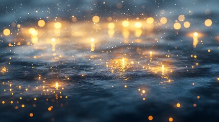 A serene scene of glowing lights reflecting on a surface, creating a magical ambiance.