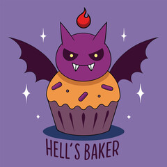 Hell’s baker cute evil imp frosting sinister cupcakes vector illustration