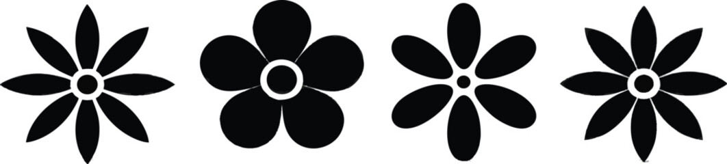 Simple Black Flower Silhouettes - Vector Icon Set