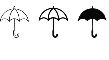 Set of Umbrella Vector Silhouettes in Outline, Semi-Filled and Solid Black Styles