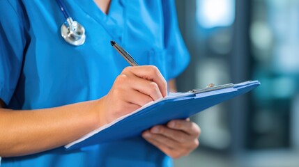 A healthcare professional in blue scrubs writes notes on a clipboard in a clinical setting.