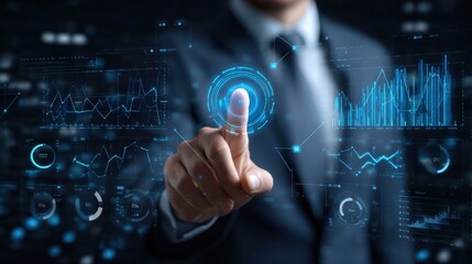 A businessperson interacts with digital graphs and futuristic data interfaces, highlighting advanced technology and analytics.
