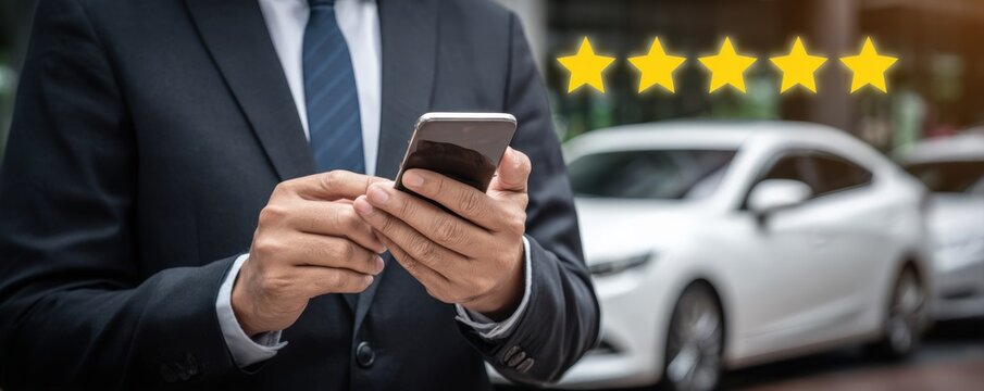 A businessperson using a smartphone receives a five-star rating, with a white car in the background.